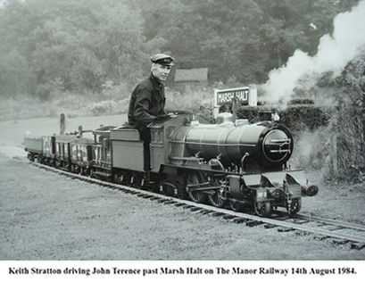 Keith Stratton driving John Terence past Marsh Halt, on The Manor Railway, 14th August 1984.